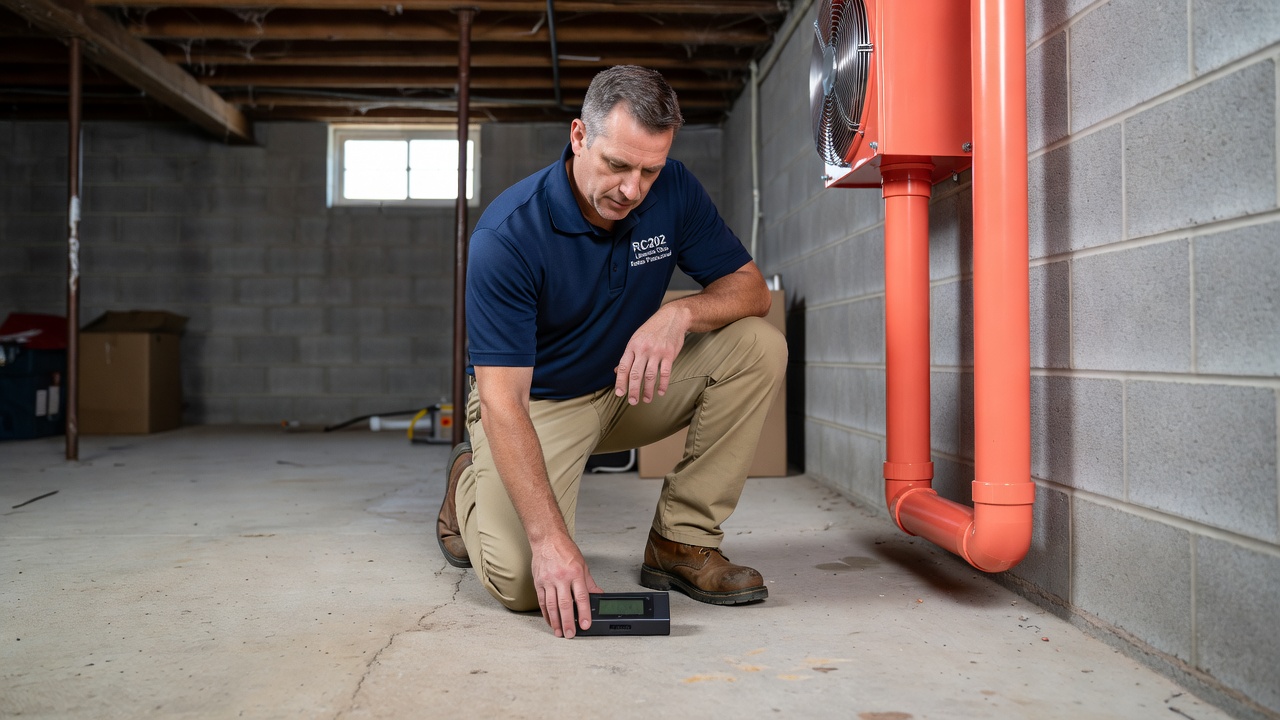 continuous radon monitor device on basement floor