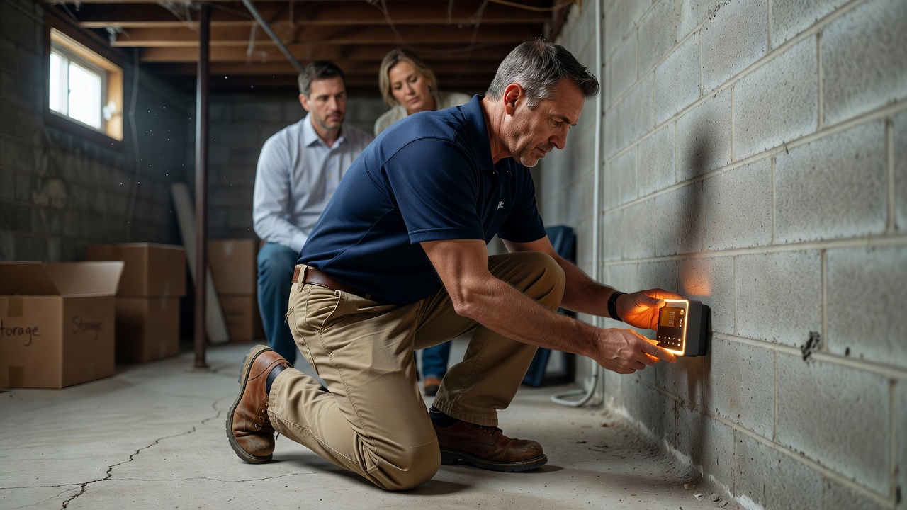 radon technician installing continuous monitor Ohio basement