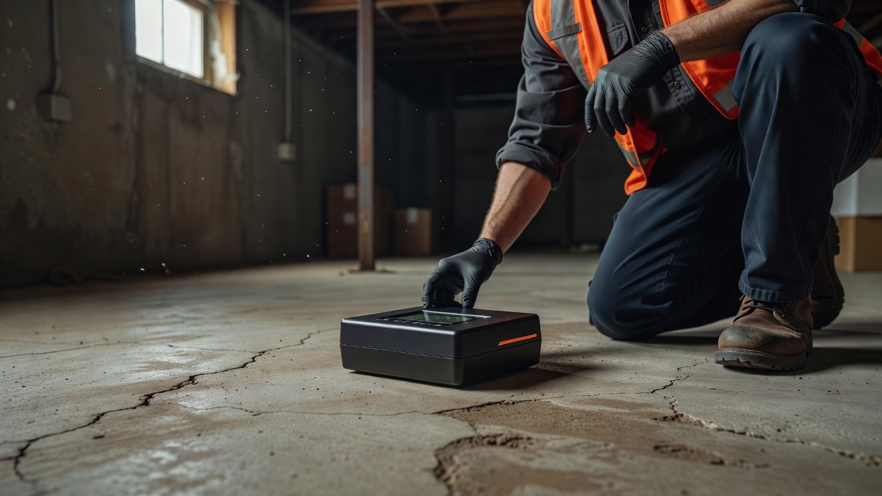 continuous radon monitor device on basement floor