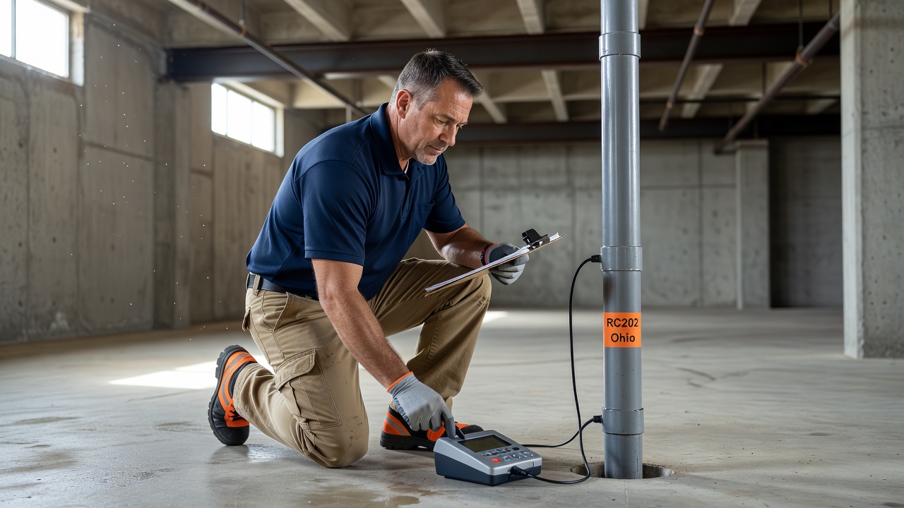 radon mitigation technician inspecting commercial basement Ohio