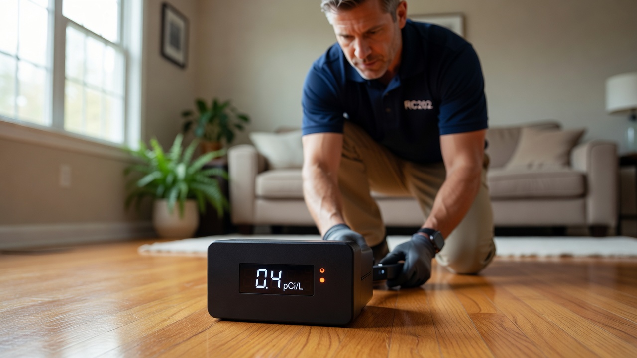 continuous radon monitor device on hardwood floor residential home