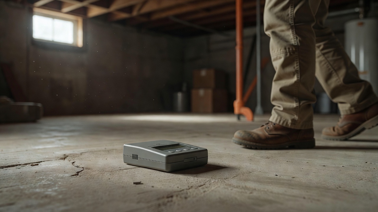 continuous radon monitor device on basement floor