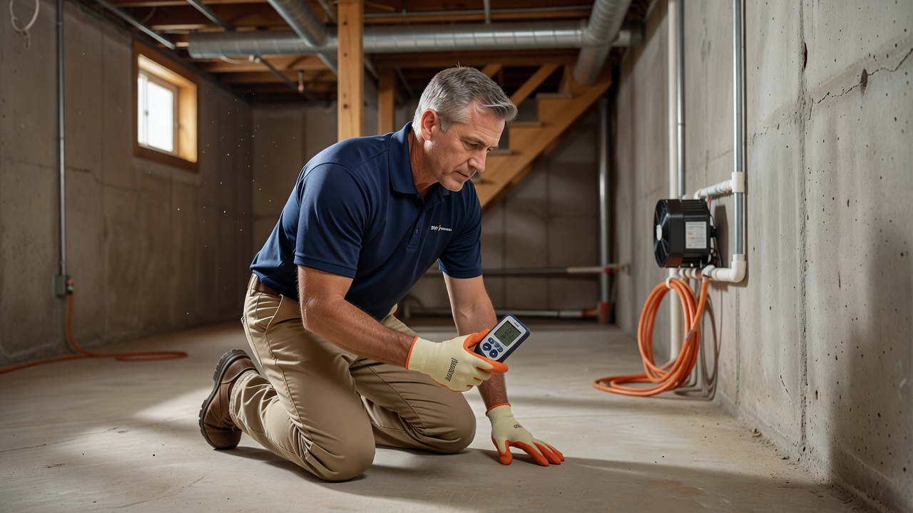 professional radon technician inspecting basement