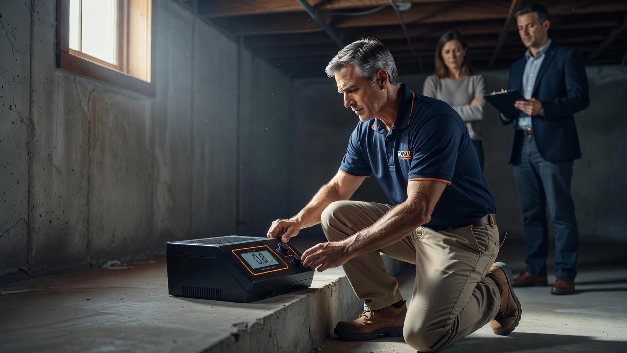 continuous radon monitor device placed in basement
