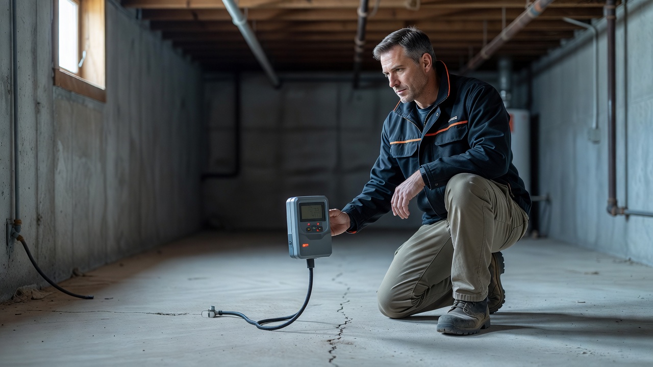 continuous radon monitor device on basement floor