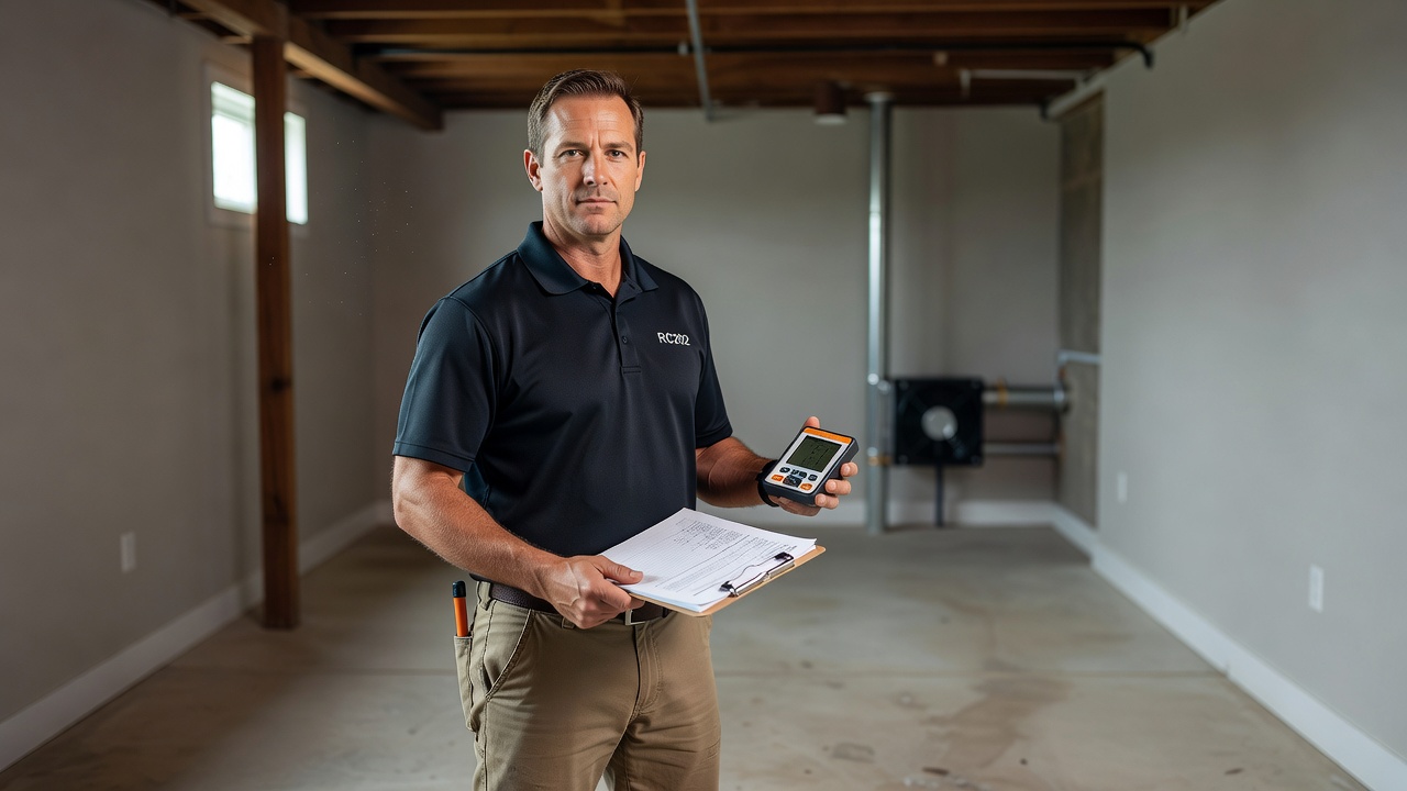 Ohio licensed radon mitigation contractor with clipboard at home