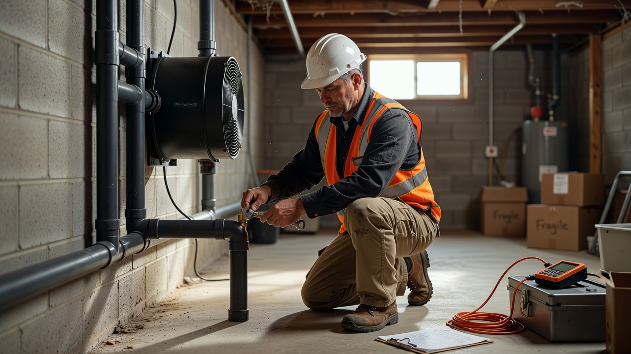 radon technician installing commercial mitigation system