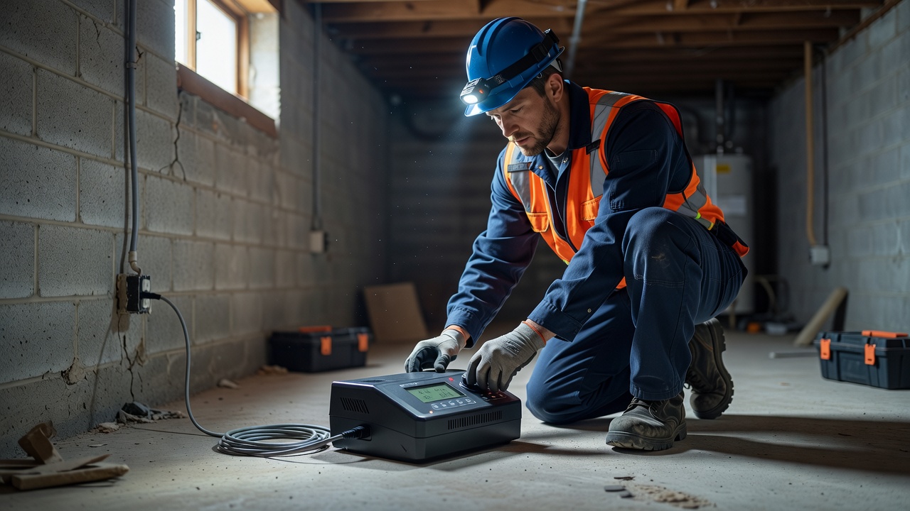 continuous radon monitor device on basement floor Ohio