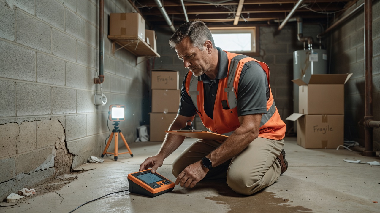 radon testing technician inspecting Ohio basement